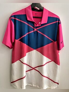 Nike Golf Men’s Polo – Pink, Blue & White Geometric Design Large
